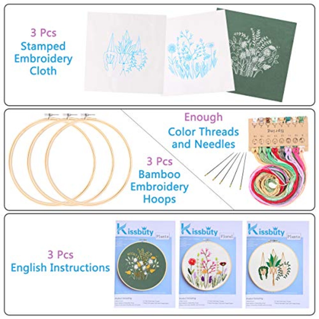 3 Pack Embroidery Starter Kit with Pattern, Kissbuty Full Range of Stamped Embroidery Kit Including Embroidery Fabric with Pattern, Bamboo Embroidery Hoops, Color Threads and Tools Kit (Floral Plants)